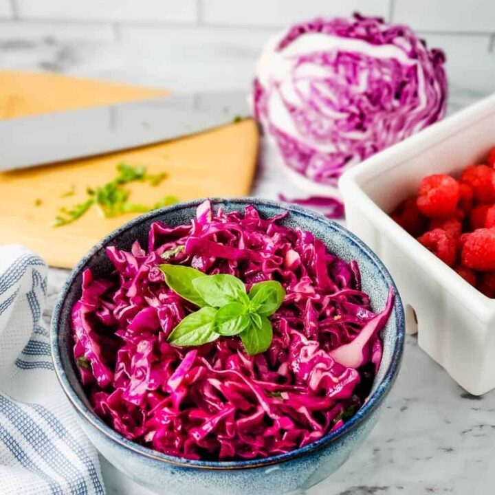 Bowl of raspberry basil coleslaw