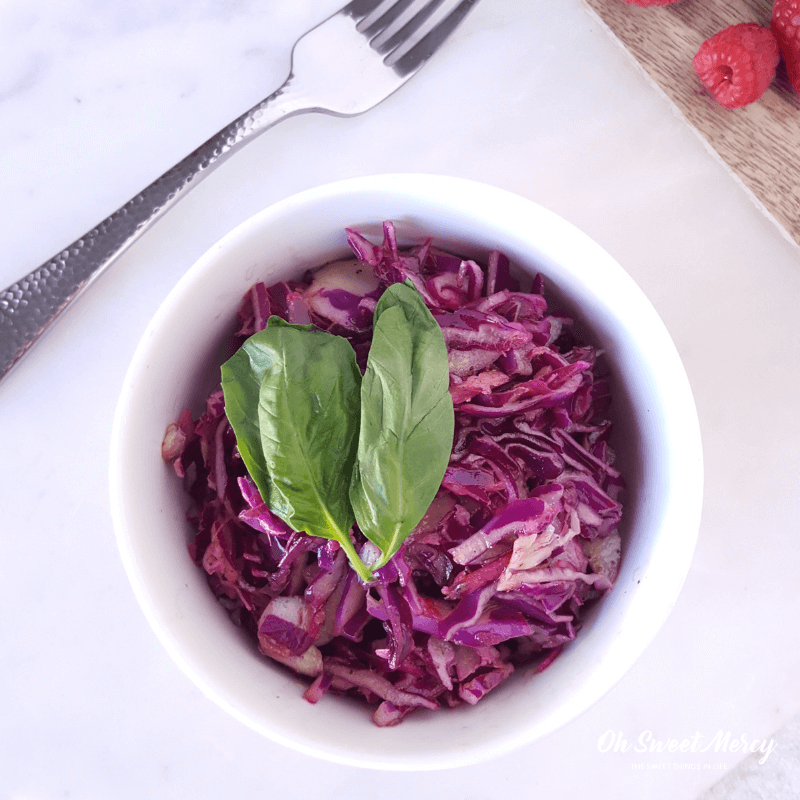 This easy Raspberry Basil Coleslaw recipe is perfect for THM, keto, low carb, and diabetic diets. Sweet, tangy, and flavorful! #coleslaw #thm #recipes