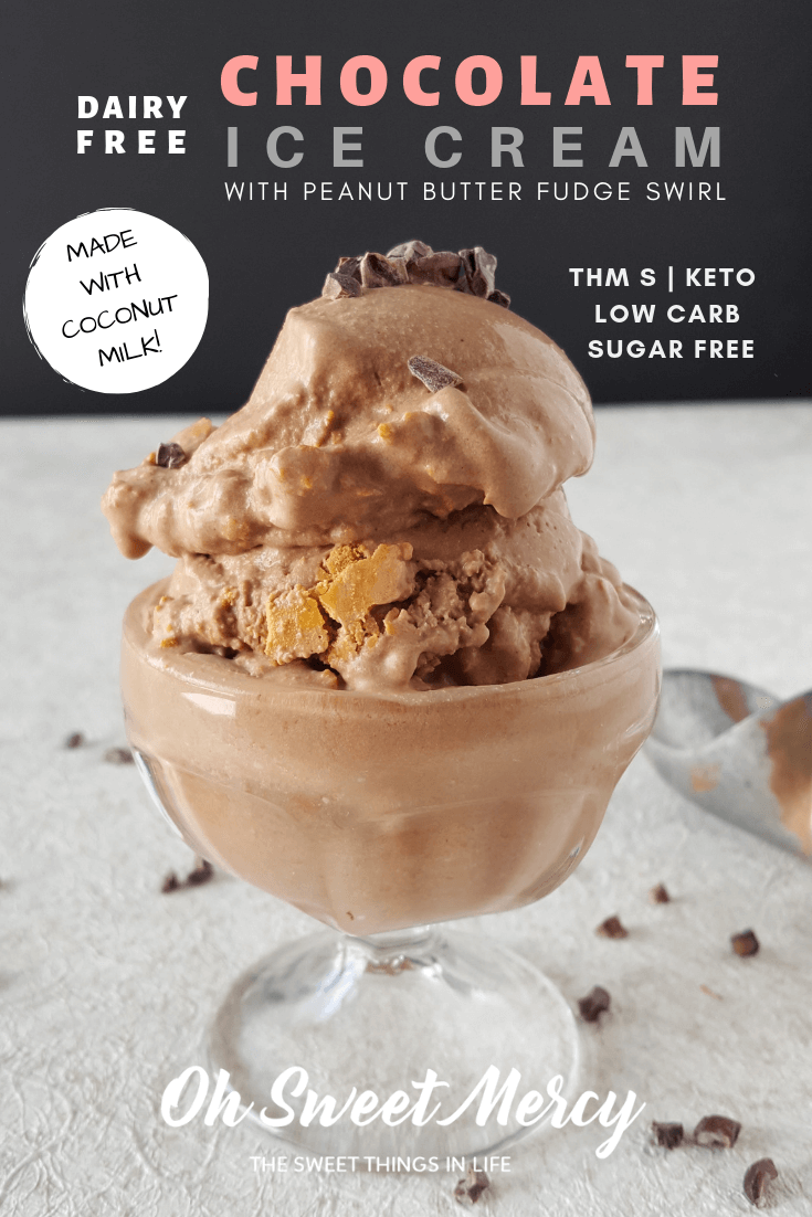 My rich, creamy, Dairy Free Chocolate Ice Cream with Peanut Butter Fudge Swirl is sugar free, low carb, THM S and keto friendly! You'll never know it's not made with dairy. #thm #sugarfree #lowcarb #keto #icecream #recipes