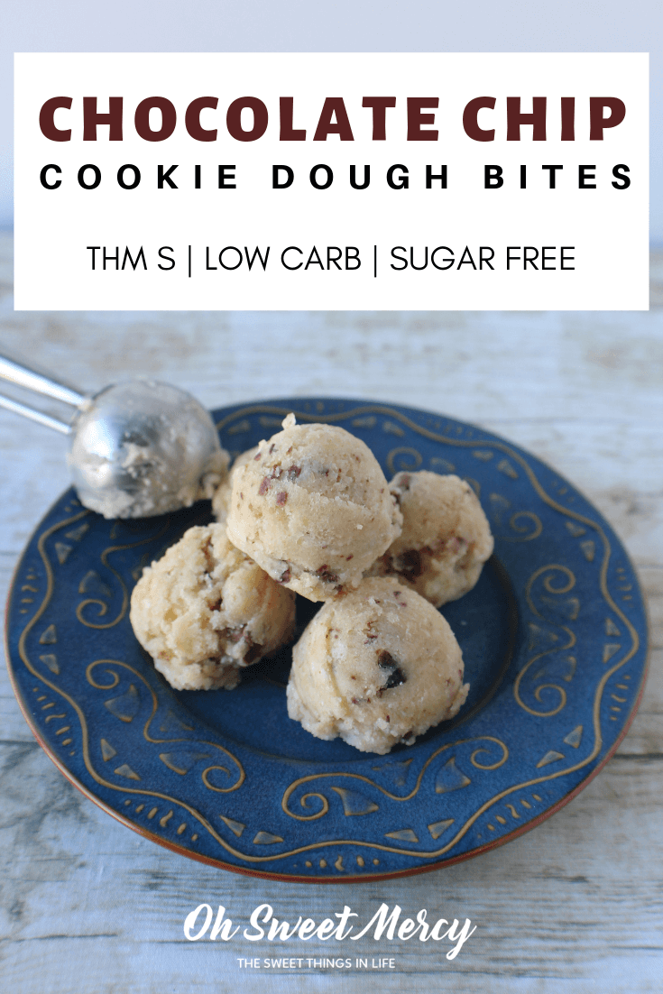 These Low Carb Chocolate Chip Cookie Dough Bites are an easy sugar free alternative to regular cookie dough. THM S, low carb, dirty keto friendly. #thm #lowcarb #cookiedough