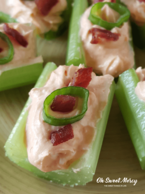 These easy 3 ingredient Buffalo Celery Bites make a great low carb, THM S snack! The creamy, buffalo flavor you love with less work. #thm #lowcarb #buffalo #snacks