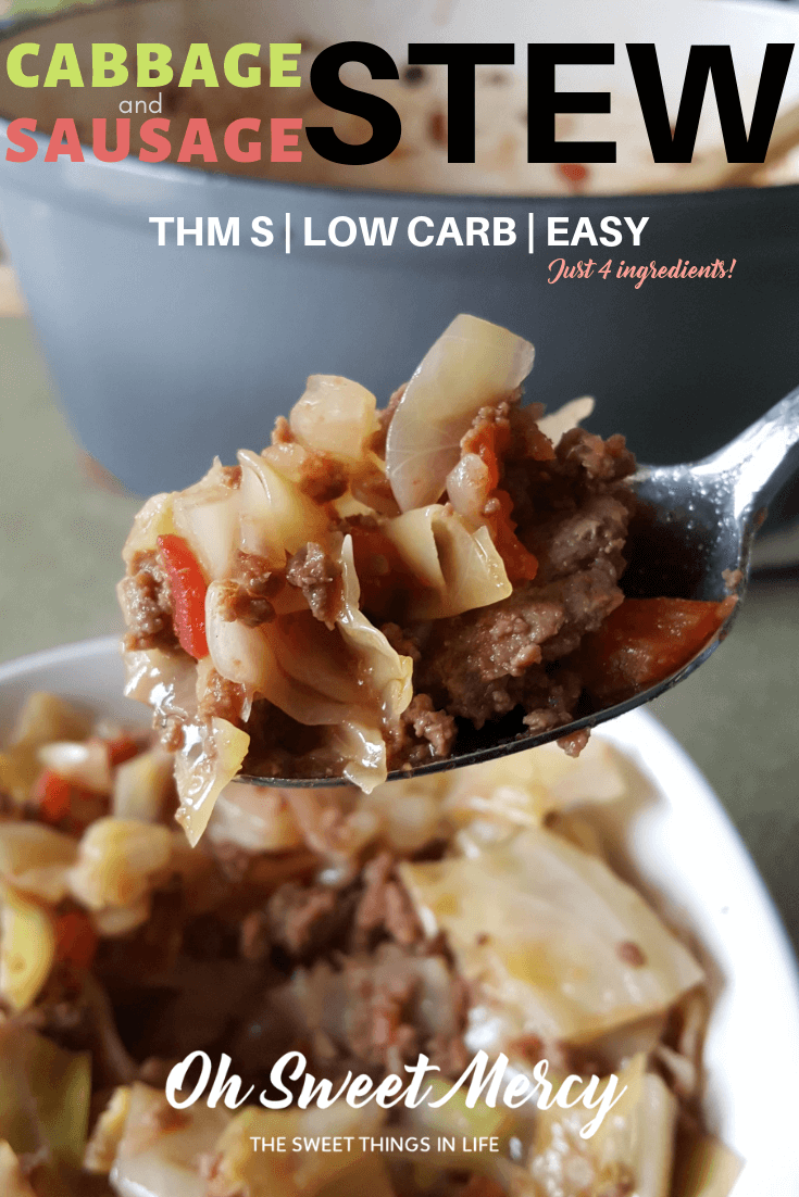 My Easy Cabbage and Sausage Stew is a tasty, filling, slimming recipe that only needs 4 ingredients! Delicious any time of year, too. #thm #lowcarb #easy #cabbage #recipes