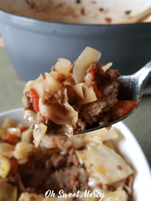 My Easy Cabbage and Sausage Stew is a tasty, filling, slimming recipe that only needs 4 ingredients! Delicious any time of year, too. #thm #lowcarb #easy #cabbage #recipes