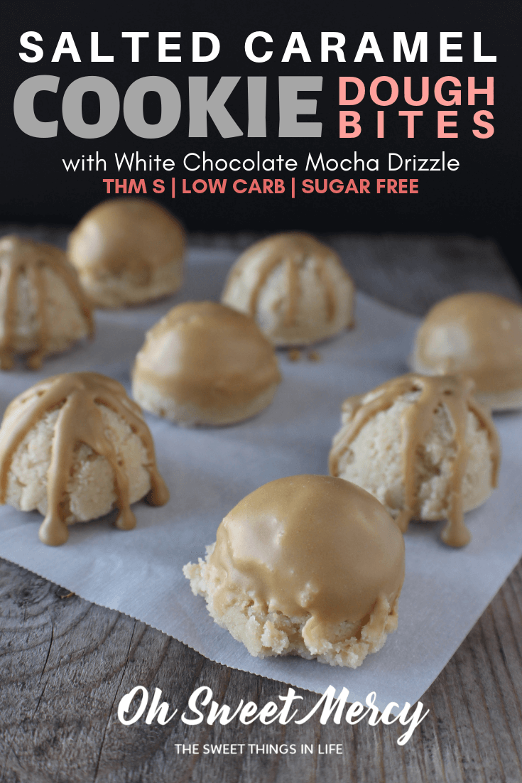 Low Carb Salted Caramel Cookie Dough Bites with White Chocolate Mocha Drizzle are a perfect afternoon pick me up with your favorite hot beverage. #lowcarb #sugarfree #thm #glutenfree 