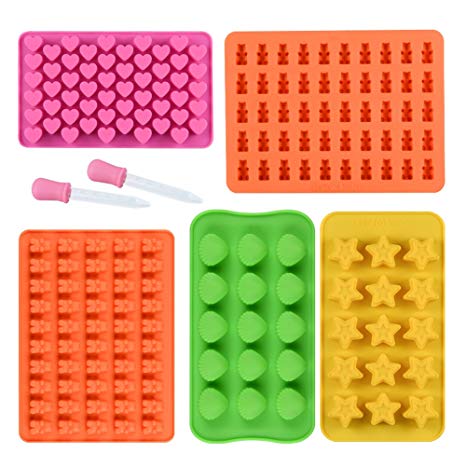 Chocolate Molds Gummy Molds Silicone - Candy Mold and Silicone Ice Cube Tray Nonstick Including Hearts, Stars, Shells & Bears Set of 5 Best Food Grade Silicone Molds with 2 Bonus Droppers