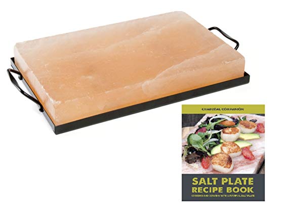 Himalayan Salt Plate by Charcoal Companion CC7167 plus Holder Set with Salt Plate Recipe Book, 8 x 12"