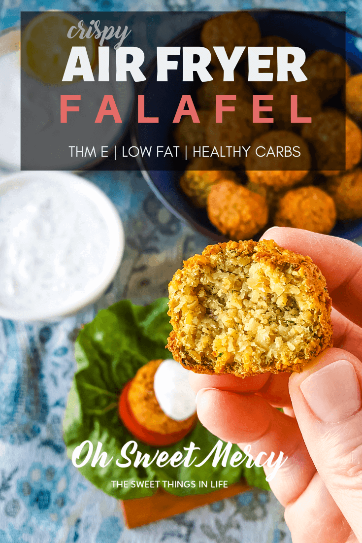 Crispy outside, moist and flavorful inside without deep frying? Yes! My Air Fryer Falafel with Creamy Tahini sauce is made without deep frying but you'll never miss the oil. THM E friendly, low fat, and so delicious! #thm #lowfat #airfryer #falafel