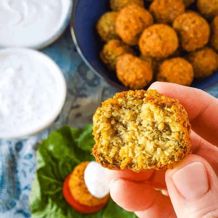 Crispy outside, moist and flavorful inside without deep frying? Yes! My Air Fryer Falafel with Creamy Tahini sauce is made without deep frying but you'll never miss the oil. THM E friendly, low fat, and so delicious! #thm #lowfat #airfryer #falafel