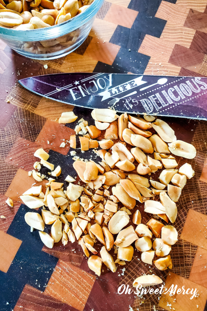 Chopping peanuts for sugar free no bake peanut butter cookies