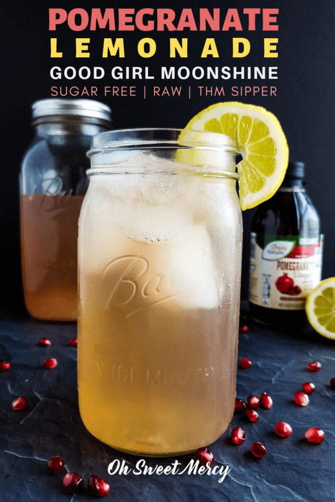 A delightful alternative to apple cider vinegar, raw pomegranate vinegar makes this Pomegranate Lemonade Good Girl Moonshine a healthy THM sipper. #sugarfree #thm #sipper