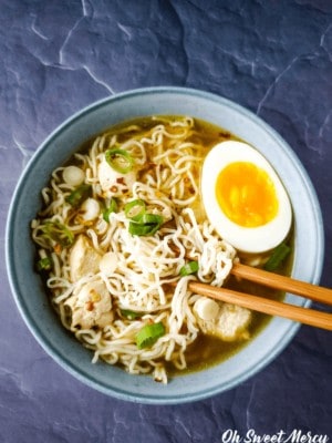 Bowl of low carb ramen with chopsticks