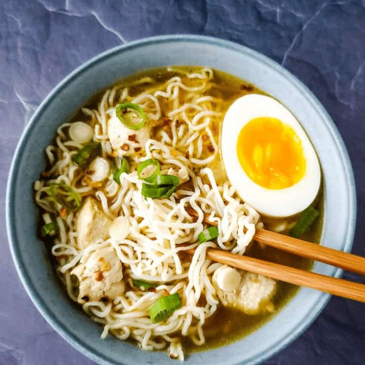 Bowl of low carb ramen with chopsticks