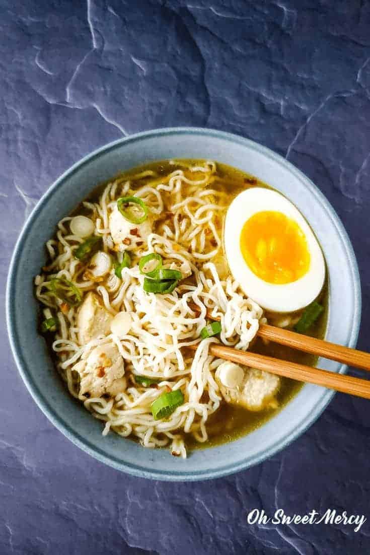 Bowl of low carb ramen with chopsticks