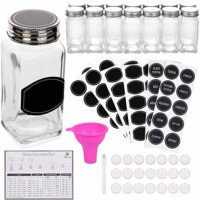 Spice Jars Bottles - 14 Square Glass Containers (4 oz) with 60 Chalkboard Labels, Chalk Marker, Stainless Steel Lid, Shaker Insert Tops and Wide Funnel 