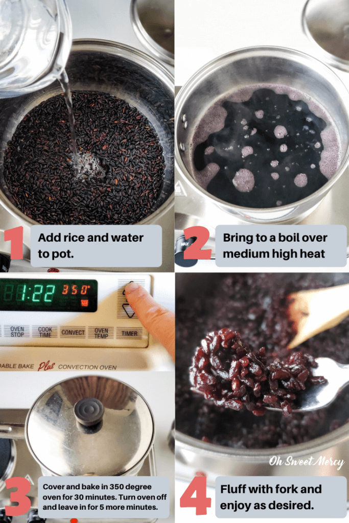 steps showing how to cook black rice in the oven