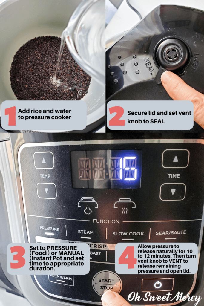 Showing steps to cook black rice in a pressure cooker