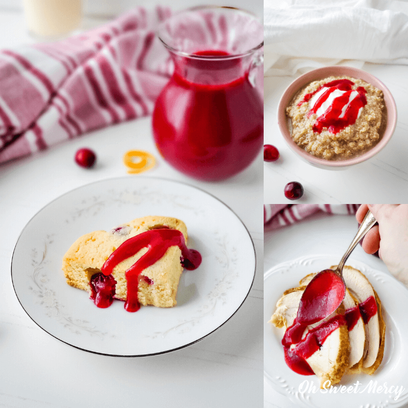 cranberry sauce on a scone, on a bowl of quinoa pudding, and sliced turkey breast