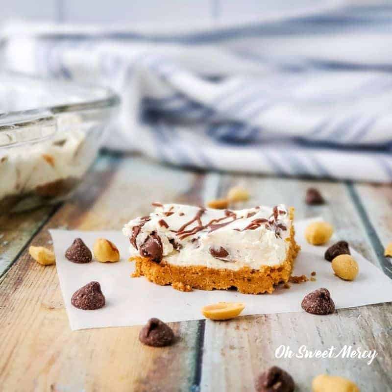 No Bake Chocolate Chip Cheesecake with Peanut Butter Crust