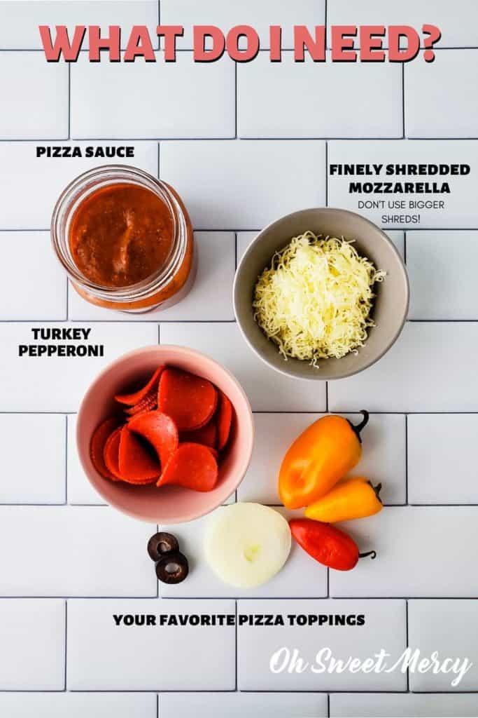 Low carb pizza bites ingredients: pepperoni, pizza sauce, finely shredded mozzarella (not the big shreds), and your favorite toppings like onions, peppers, and olives