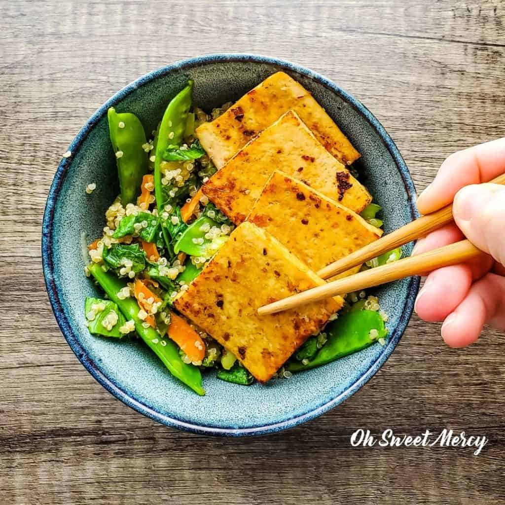 Bowl of Garlic Ginger Lime Marinated Tofu and Quinoa