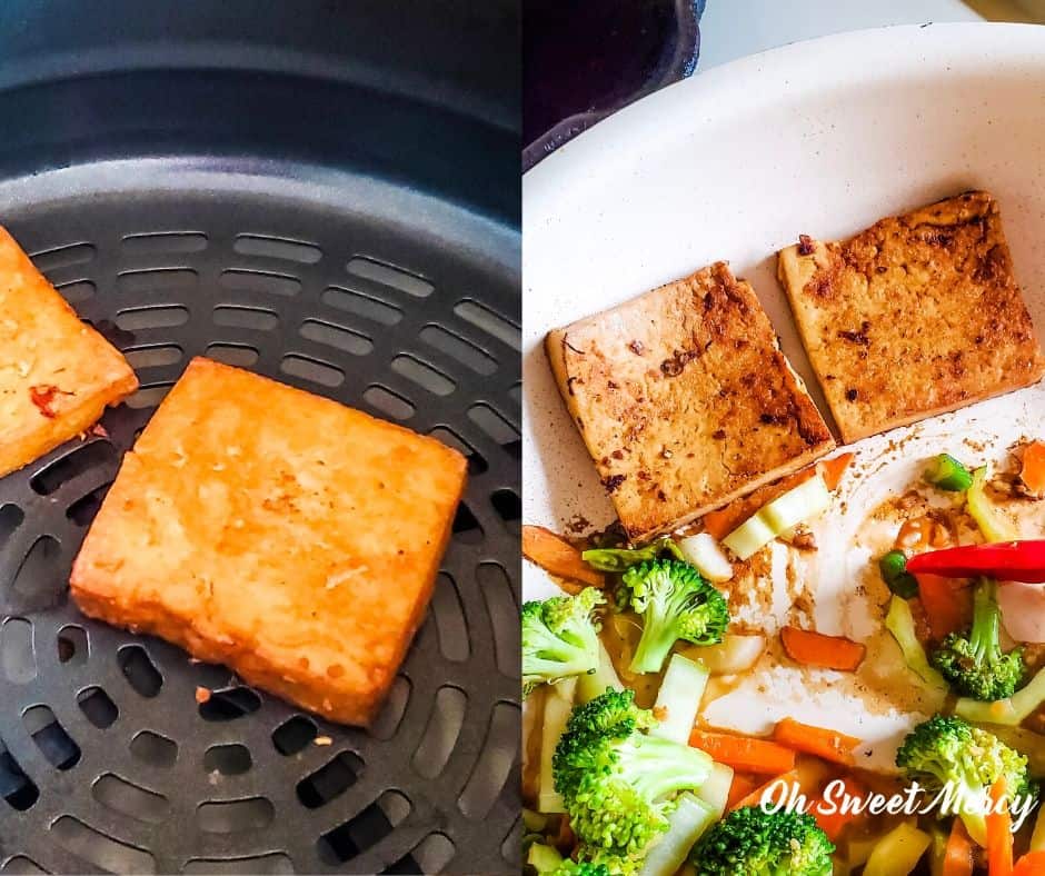 Cooking Garlic Ginger Lime Marinated Tofu in air fryer and skillet