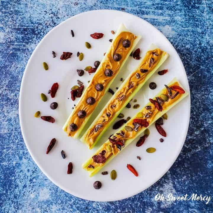Grown Up Ants On A Log on a plate: with sugar free chocolate chips, raw cacao nibs, and both along with pumpkin seeds and dried goji berries