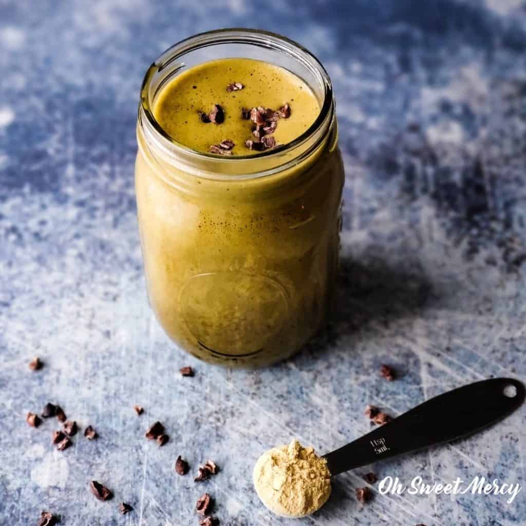 Mason jar of low carb chocolate shake with superfoods