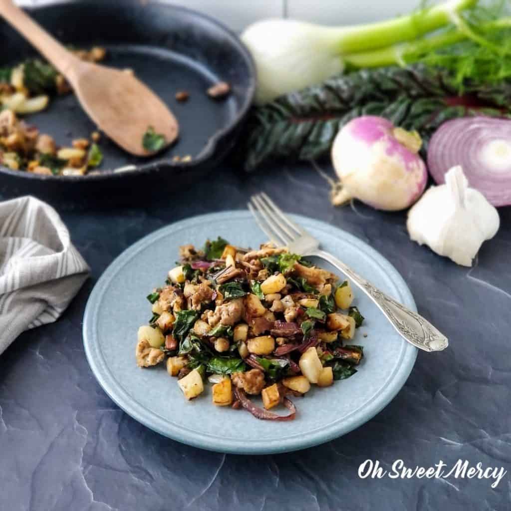 Plate of turkey, fennel, and swiss chard hash