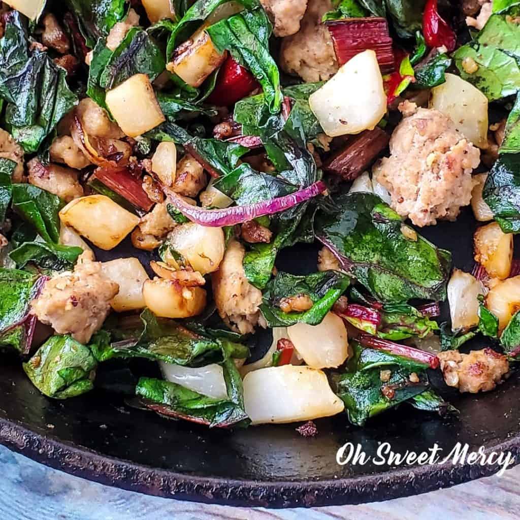 Turkey, fennel, and swiss chard in skillet