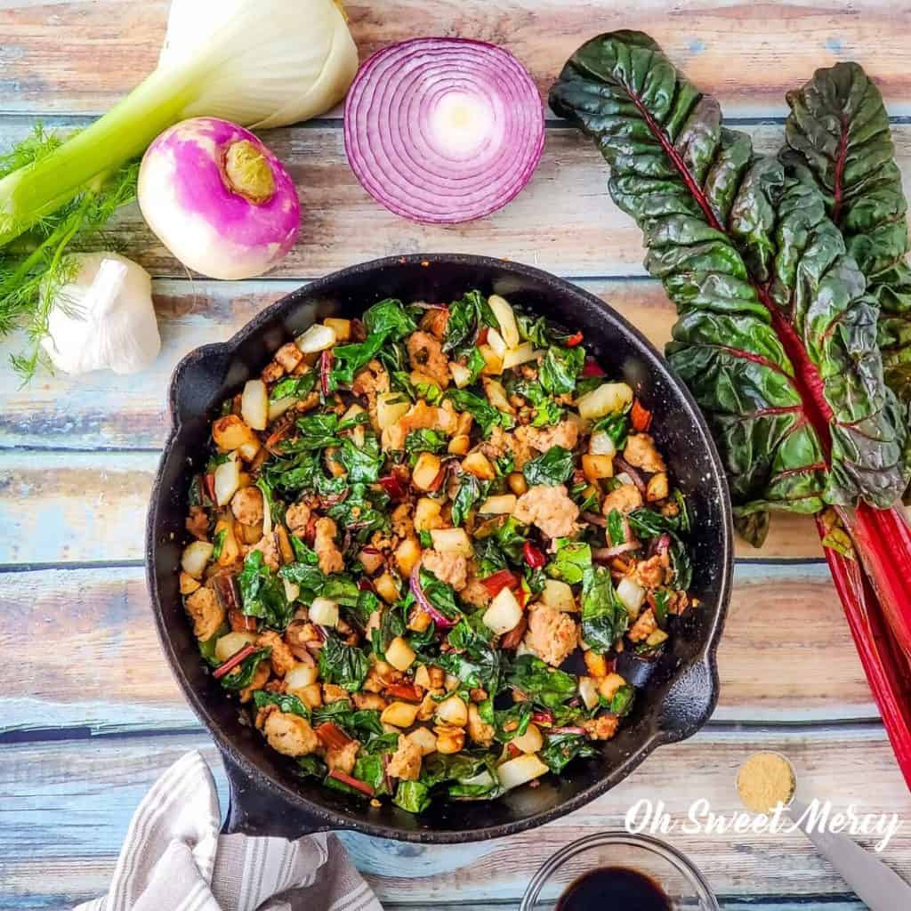Turkey, Fennel, and Swiss Chard hash in a skillet