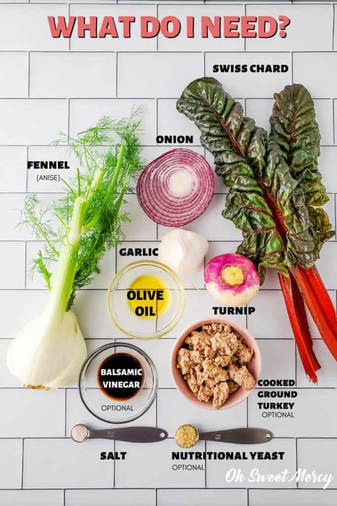 Turkey, Fennel, and Swiss Chard Hash ingredients: fennel, onion, swiss chard, garlic, turnip, olive oil, cooked ground turkey, balsamic vinegar, salt, nutritional yeast