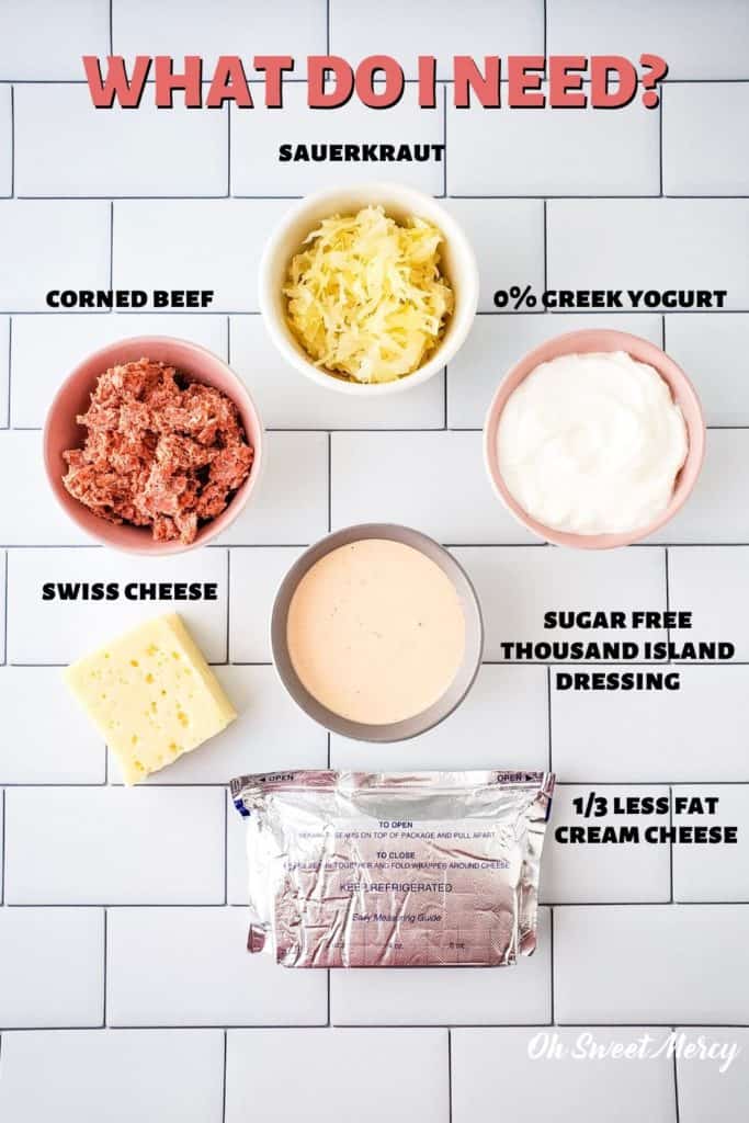 BAKED REUBEN DIP INGREDIENTS: sauerkraut, 0% Greek yogurt, sugar free Thousand Island dressing, cream cheese, swiss cheese, corned beef