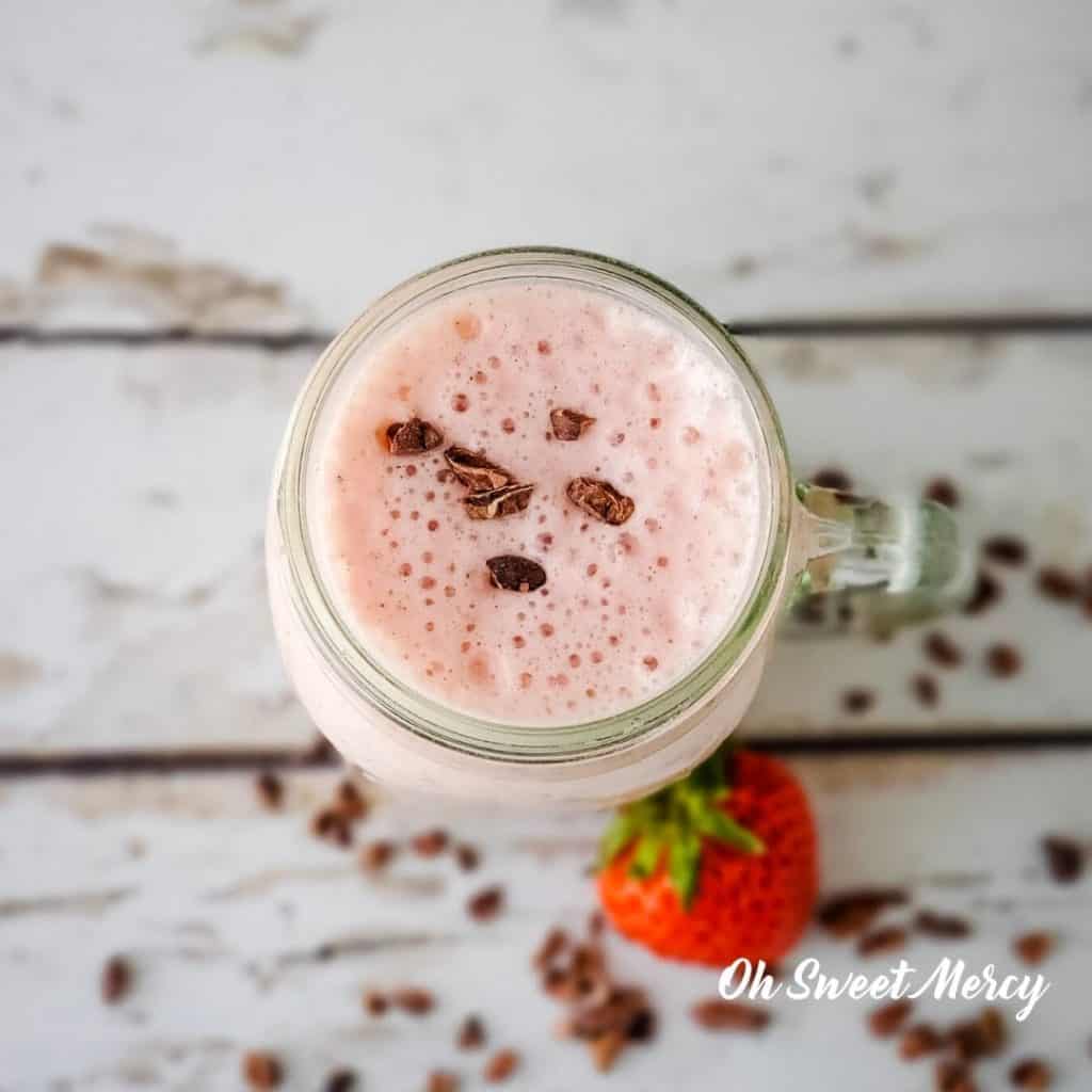 Overhead shot of chocolate covered strawberry smoothie