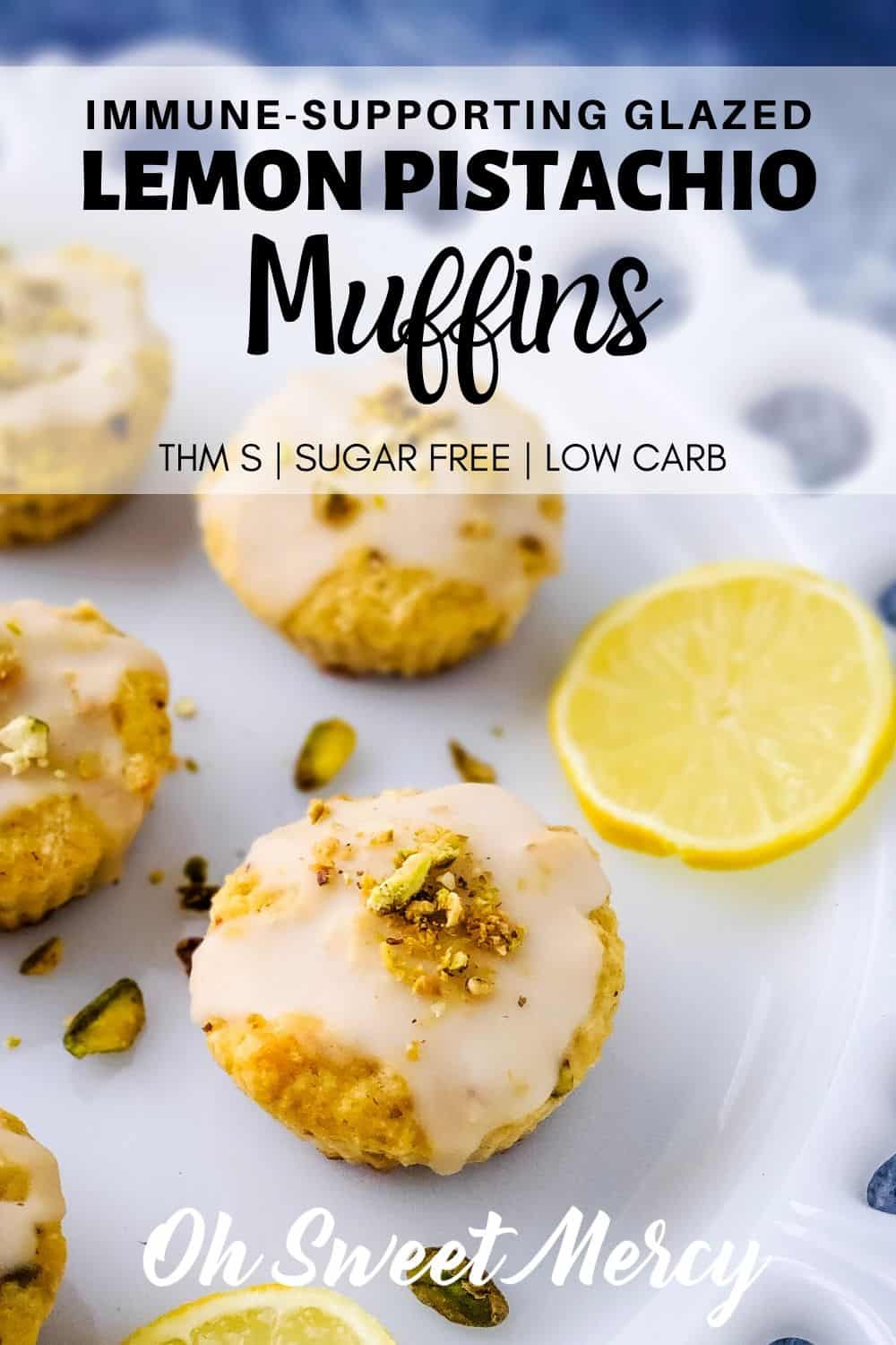 Easy, low carb Glazed Lemon Pistachio Muffins are a tasty way to support your immune system. No sugar or refined carbs plus immune supporting ingredients. THM S. #thm #lemon #muffins #lowcarb #keto #glutenfree