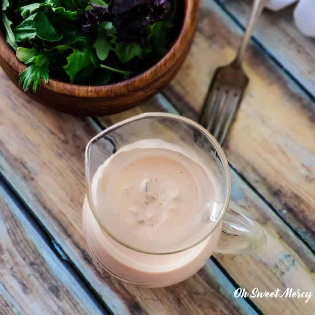 Sugar Free Thousand Island dressing and bowl of salad