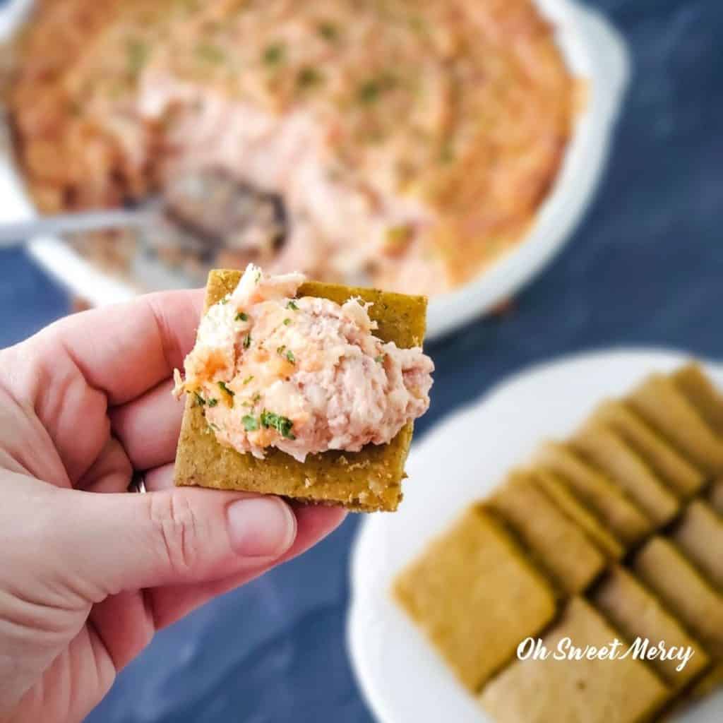 Low carb Baked Reuben Dip on Mock Rye Cocktail Bread