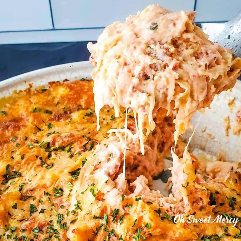 Cheesy scoop of low carb Baked Reuben Dip