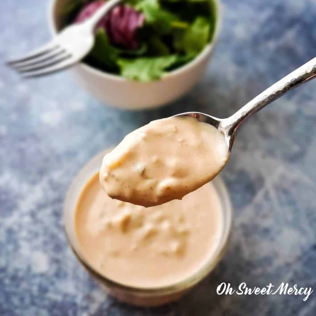 Low Carb Thousand Island Dressing on a spoon