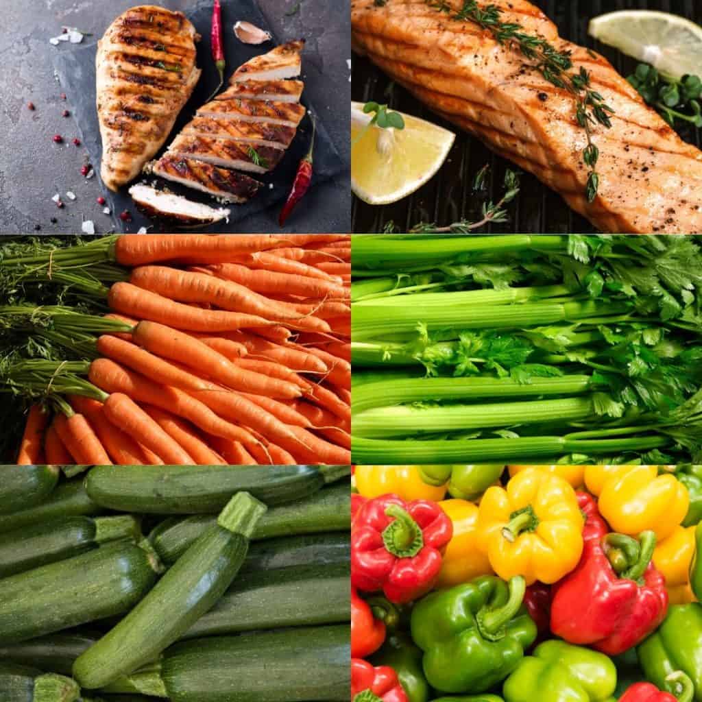 Meats and veggies to add to  simple seasoned lentils: chicken breast, salmon, carrots, celery, zucchini, peppers