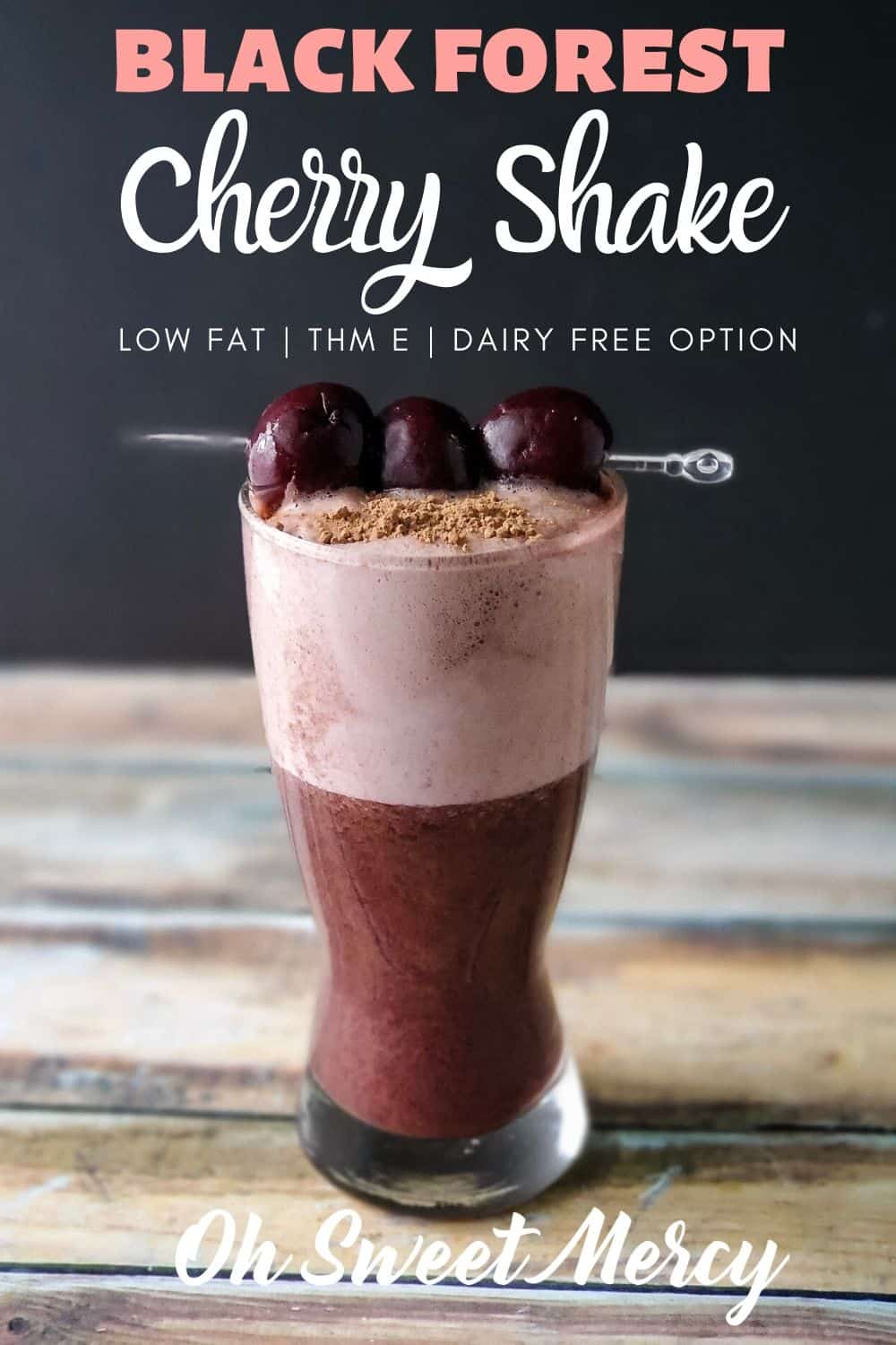 Enjoy my low fat Black Forest Cherry Shake for all the yummy flavors of chocolate and cherry but not all the fat and sugar. Healthy carb, THM E friendly, dairy free and vegan options. #lowfat #blackforestcherry #shakes #thmshakes #thm