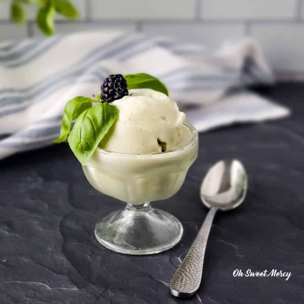 Ice creama dish with scoop of Coconut Basil Ice Cream