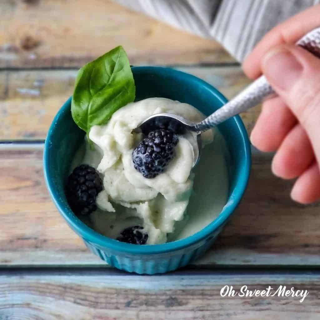 Coconut Basil Ice Cream with black berries