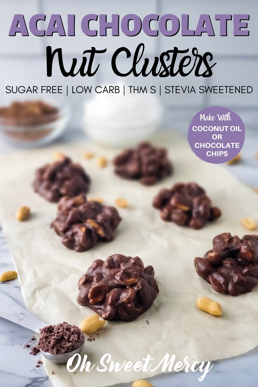 No need to give in to candy cravings with my Sugar Free Acai Chocolate Nut Clusters! Made with metabolism-boosting coconut oil and sweetened with stevia, they're the perfect THM S, low carb, or keto chocolate peanut treat you've been looking for. Also includes directions for store-bought stevia sweetened chocolate chips. #thm #lowcarb #sugarfree #keto #acai #candy #recipes 