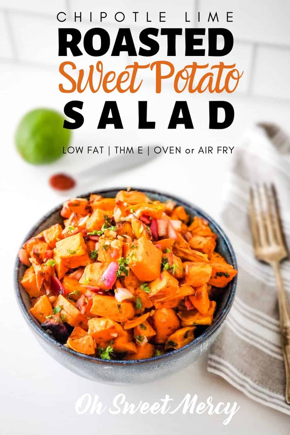 Sweet, tangy, with a bit of smoky heat this easy Chipotle Lime Sweet Potato Salad is the perfect side for a low fat THM E meal. Perfect with grilled chicken or fish! #lowfat #thmsidedishes #sweetpotatoes #thmrecipes