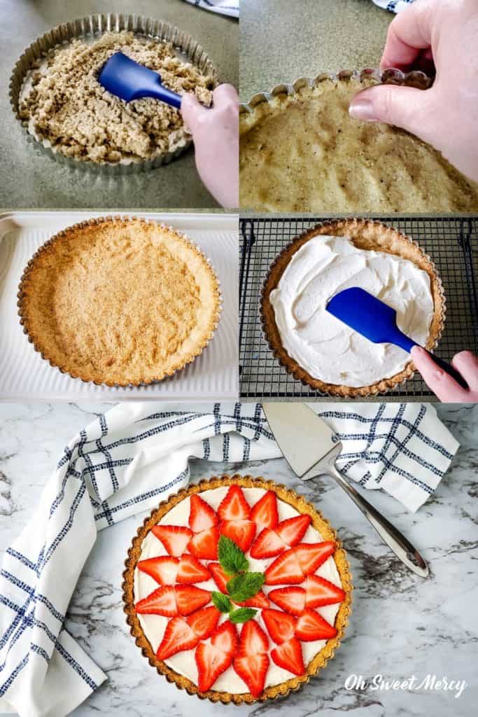 Collage showing how to make the Strawberry Mascarpone Tart: press crust dough into pan, bake, cool, add mascarpone filling, top with sliced strawberries and garnish.