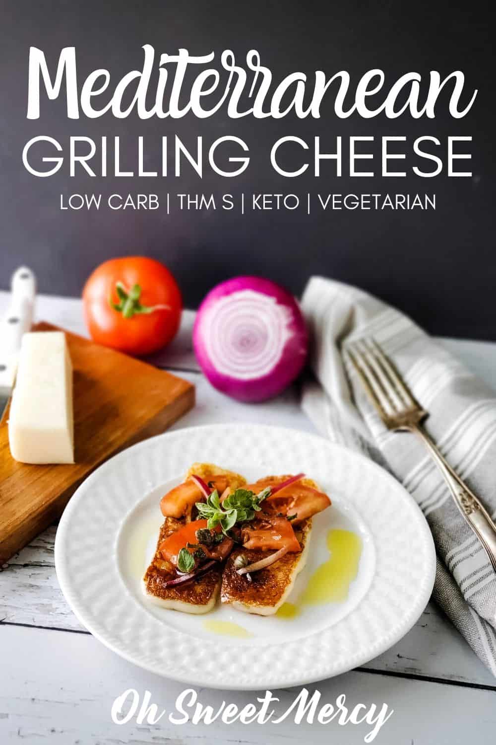 Making Mediterranean Grilling Cheese is so easy! Cooks quickly, then top with fresh tomatoes, onions, herbs, a drizzle of olive oil and balsamic vinegar, and finish with a sprinkle of salt. A simple, refreshing appetizer or snack that's perfect for THM S and keto. #thm #lowcarb #summer #grillingcheese #appetizers #snacks #vegetarian