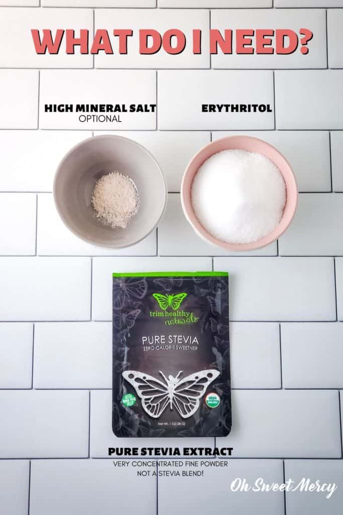 Mercy Sweet ingredients: erythritol, pure stevia extract, salt (optional)