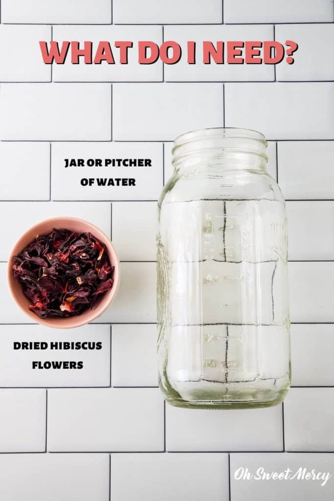 Cold brew hibiscus tea ingredients: dried hibiscus flowers, jar or pitcher with water.