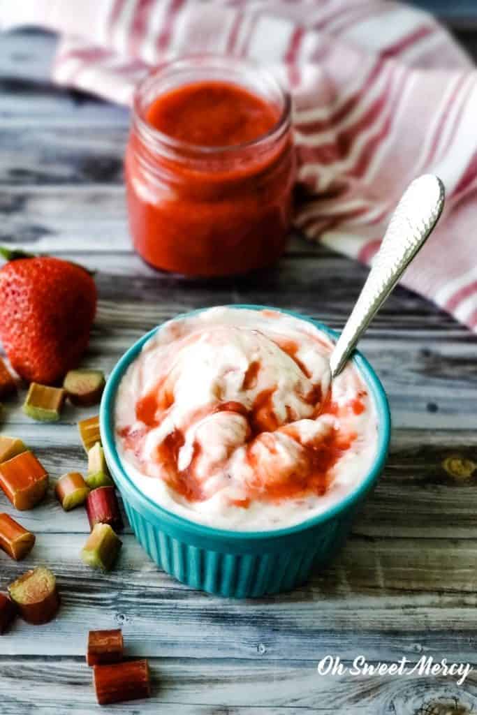 Bowl of Greek yogurt with sugar free strawberry rhubarb sauce