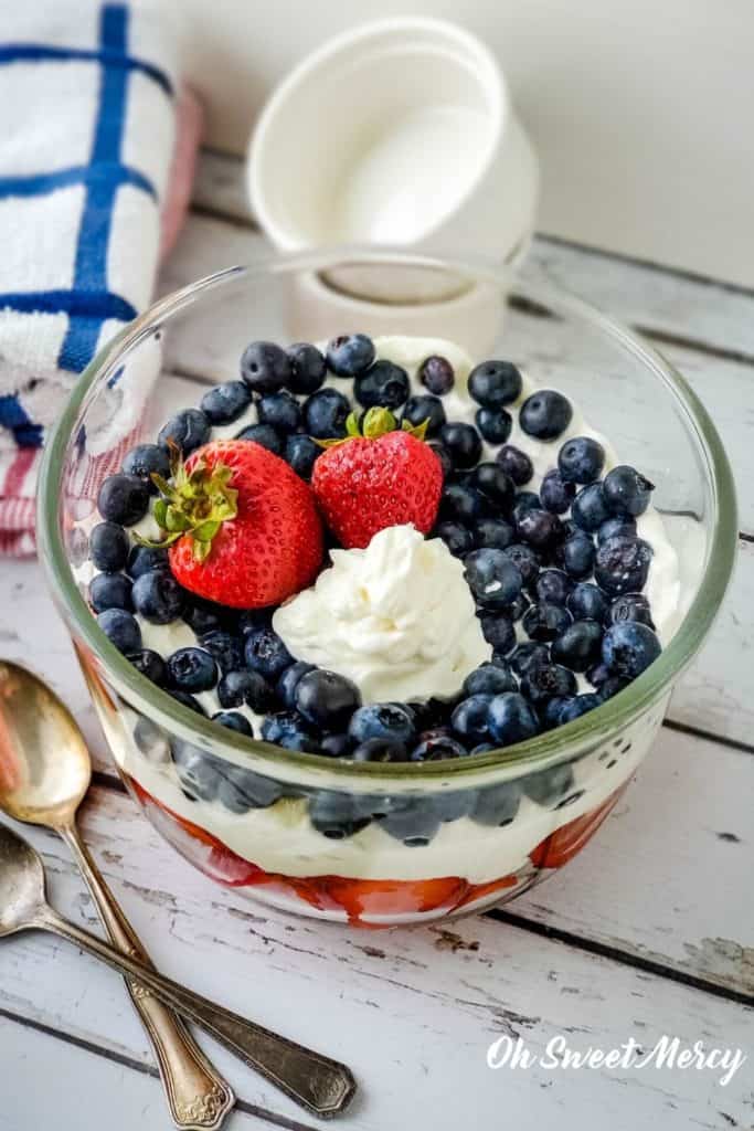 Bowl of layered berry dessert